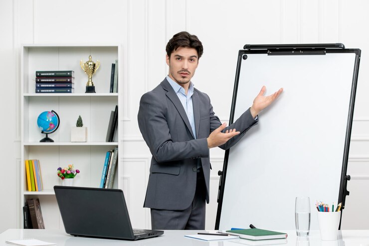 a young man standing beside a board pointing at it