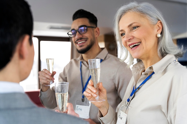 two men and a woman chatting casually at a business event